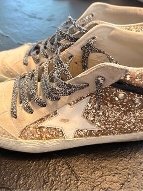 Golden Goose Mid Star Sneakers in White and Glitter